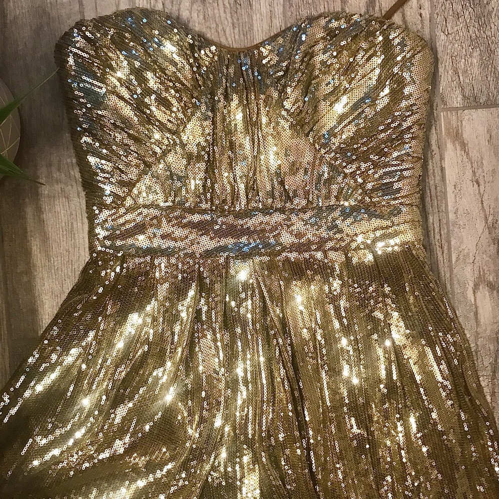 Badgley Mischka Gold Sequin Strapless Corset Dress - Picture 5 of 7